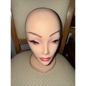 Vintage Mannequin Plastic Head Wig Stand Display Art Deco Bald Brown Eyes